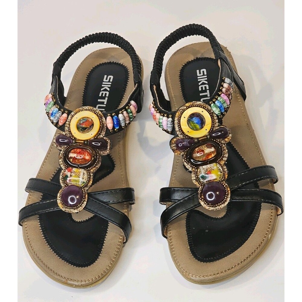 SIKETU Women's Bohemian Beaded Sandals Black Multi Bead US 8-8.5 (EU 39) Comfort